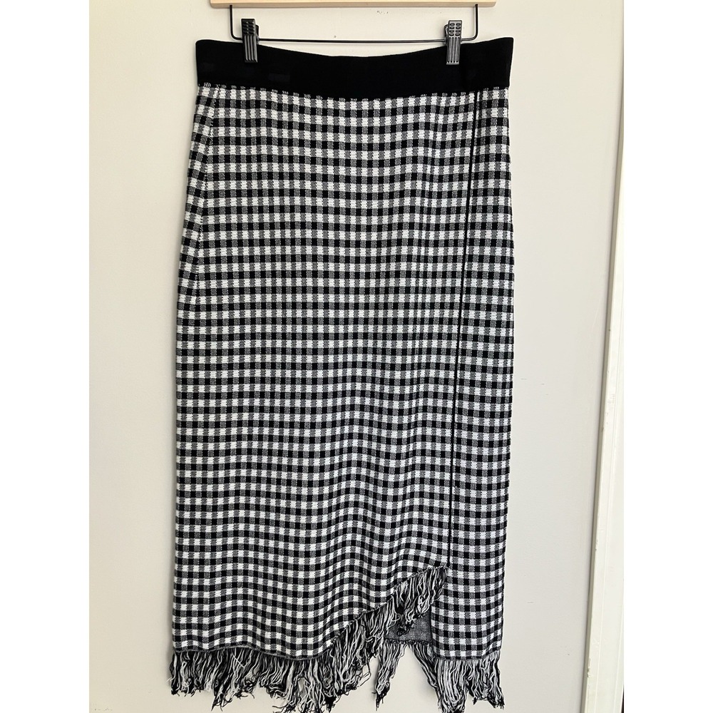 Nanette Lepore Gingham Fringe Midi Skirt Women's Large Black White Knit